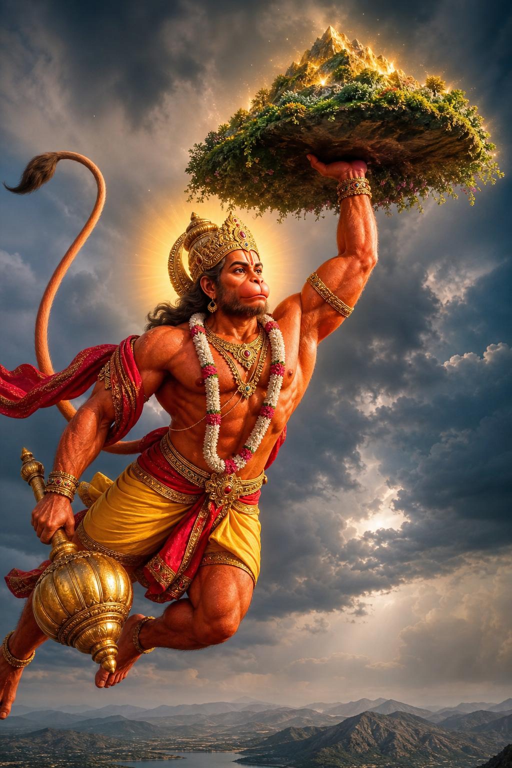 Flying Hanuman — Devotional AI artwork