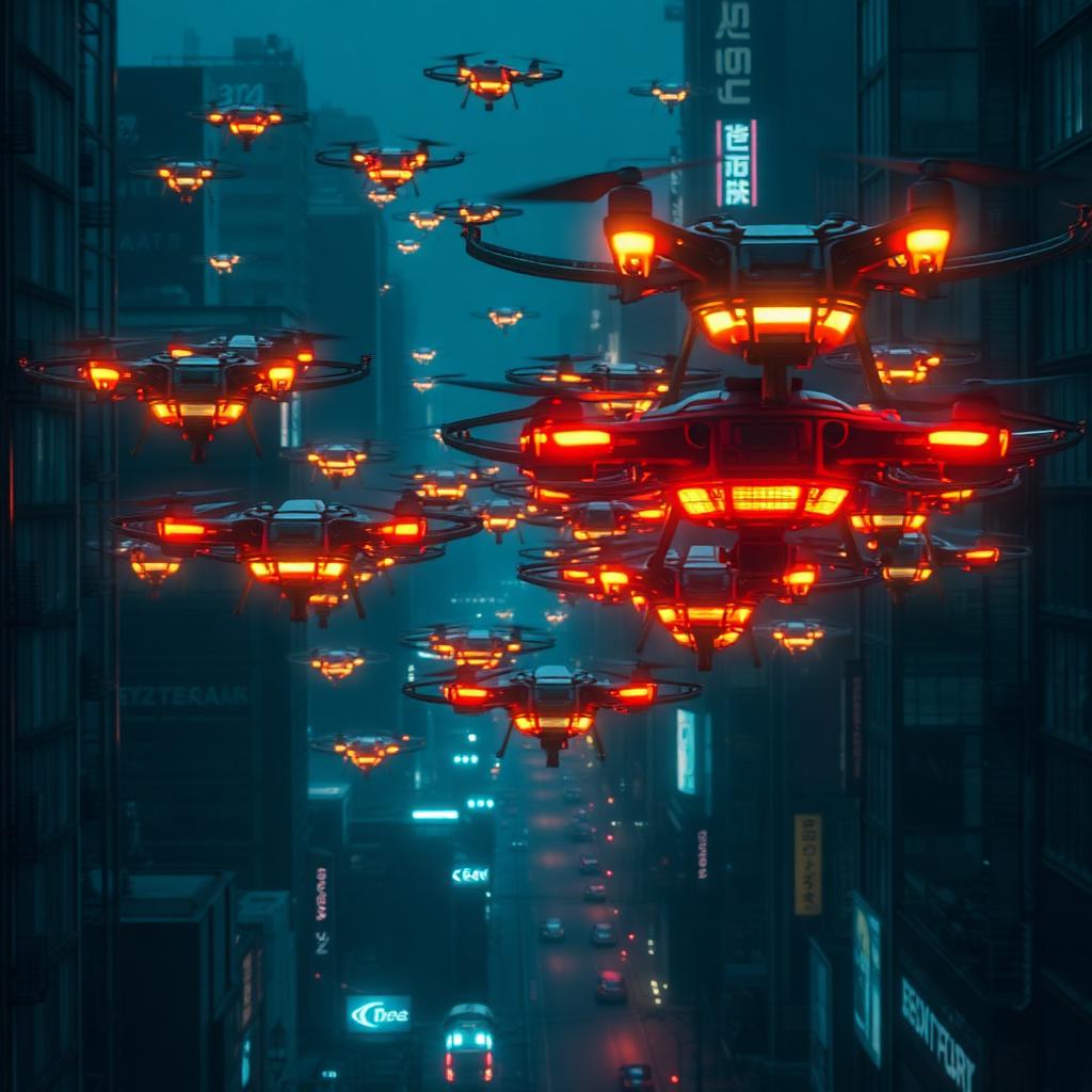 Drone Swarm — Cyberpunk AI artwork